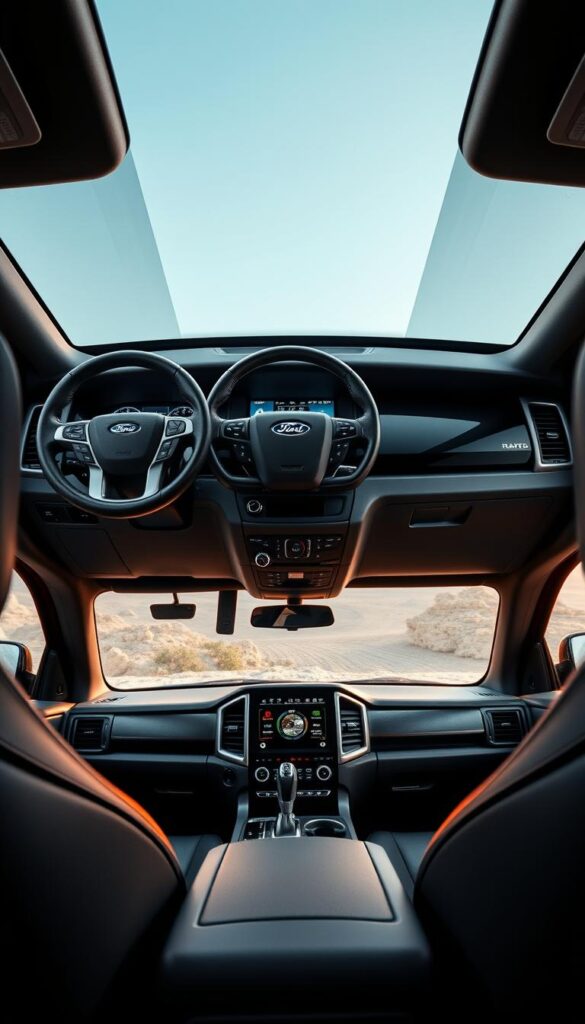 A sleek and refined interior of the IsCarOk Ford Ranger Raptor, showcasing its advanced technology. A wide, high-resolution digital dashboard displays vital information, surrounded by brushed metal accents. The leather-wrapped steering wheel and supportive seats provide a comfortable, premium driving experience. Integrated infotainment system with a large, responsive touchscreen dominates the center console, seamlessly blending form and function. Subtle ambient lighting sets a modern, sophisticated tone, while the panoramic sunroof floods the cabin with natural light. The overall impression is one of rugged capability combined with exceptional interior refinement.