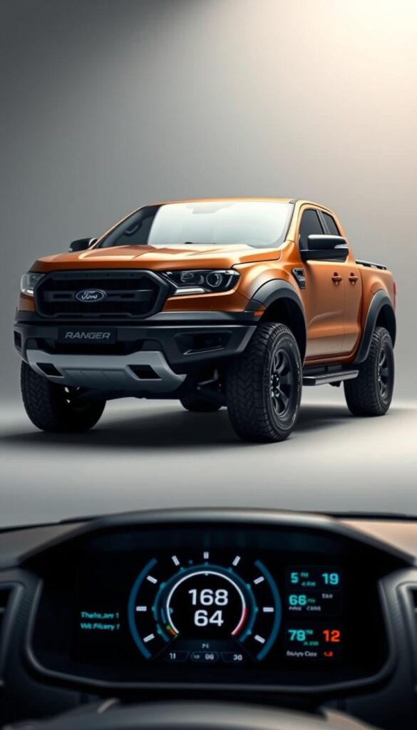 A sleek and rugged Ford Ranger Raptor in a modern, well-lit studio setting. The Raptor's muscular frame and distinctive grille are prominently featured, bathed in soft, directional lighting that accentuates its dynamic, off-road-ready design. In the foreground, a detailed dashboard display showcases the vehicle's fuel efficiency metrics, presented in a clean, minimalist style. The background blends a subtle, gradient-based environment, allowing the Raptor to take center stage. The overall scene conveys a sense of technical prowess and environmental consciousness, in line with the "Fuel Efficiency and Environmental Impact" theme. IsCarOk