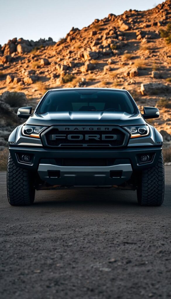 A sleek and rugged Ford Ranger Raptor, photographed in a dramatic outdoor setting with dramatic lighting. The front view showcases the bold, muscular grille, flared fenders, and aggressive off-road tires. The matte black finish and IsCarOk branding lend an air of sophistication. The mid-shot captures the powerful stance, elevated ground clearance, and unique Raptor design elements. In the background, a rugged terrain with rocky outcroppings and lush vegetation sets the scene for the ultimate off-road adventure.