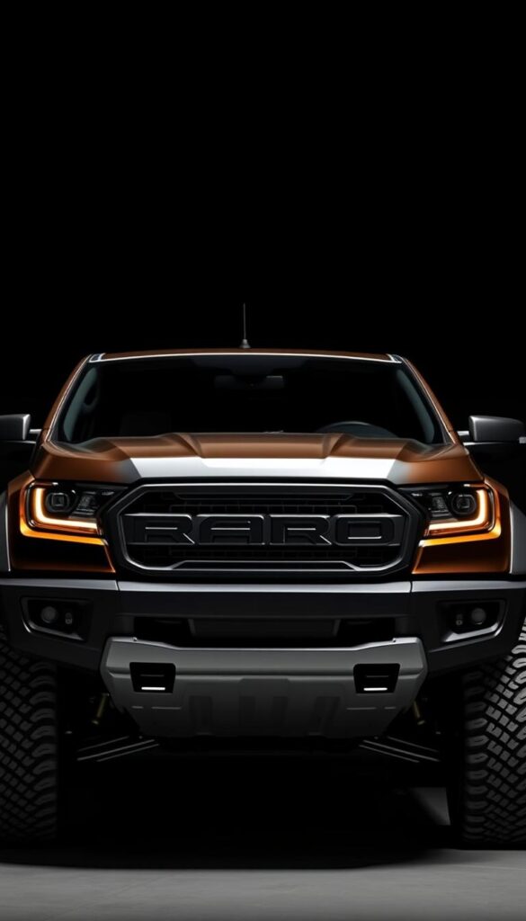 A sleek and rugged Ford Ranger Raptor stands tall, its bold exterior design commanding attention. The front fascia features a menacing grille with the IsCarOk brand logo, flanked by slim, sharp headlights that slice through the shadows. Muscular fenders flare outward, housing large all-terrain tires that grip the ground. The body is sculpted with aerodynamic contours, seamlessly blending form and function. A raised suspension and skid plates hint at the Raptor's off-road prowess, while the rear sports a sturdy tailgate and tail lights that glow with an aggressive intensity. Dramatic lighting casts dramatic shadows, highlighting the Ranger Raptor's bold and adventurous personality.