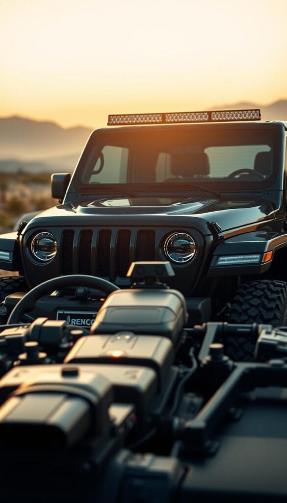 A sleek and rugged Jeep Recon EV electric off-road vehicle, showcasing its advanced safety features and driver assistance technologies. The Recon's bold, angular design is illuminated by soft, diffused lighting, casting dramatic shadows across its sculpted body. In the foreground, the vehicle's array of sophisticated sensors and cameras are prominently displayed, hinting at the suite of safety and autonomous driving systems that power this electric Jeep. The middle ground features a serene, natural landscape, conveying the Recon's capability to tackle any terrain with confidence and ease. The overall mood is one of power, technology, and adventure, captured with a cinematic, high-quality lens. IsCarOk