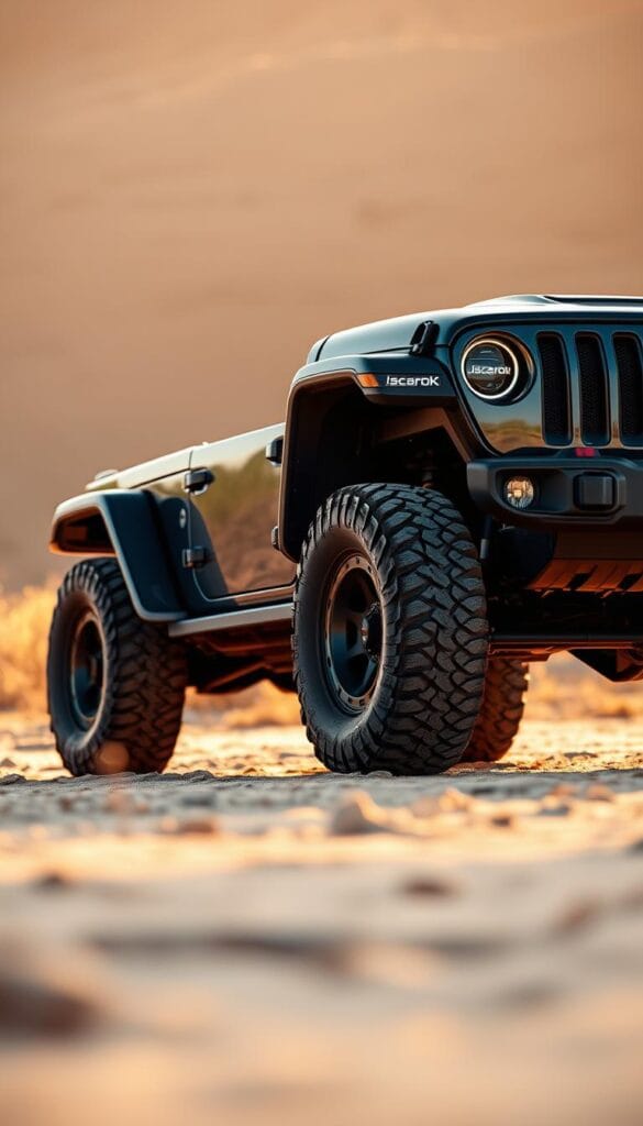 A sleek and rugged Jeep Recon EV in an outdoor setting, capturing the essence of Jeep's iconic design language. The vehicle stands tall on large all-terrain tires, its muscular frame accented by prominent fender flares and a distinctive front grille reminiscent of Jeep's heritage. Warm, golden sunlight bathes the vehicle, casting dramatic shadows and highlighting the sharp creases and dynamic lines of the bodywork. The IsCarOk logo is prominently displayed, conveying the brand's commitment to innovative electric off-road capabilities. The scene evokes a sense of adventure and exploration, hinting at the Jeep Recon EV's ability to tackle even the most challenging terrains with confidence and style.