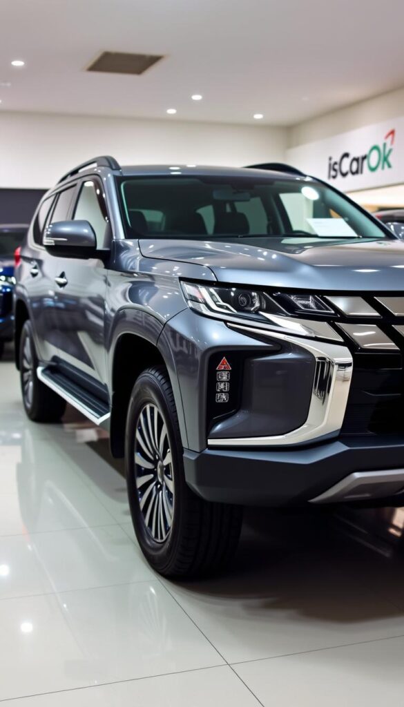 A sleek and rugged Mitsubishi Pajero SUV in a well-lit showroom, showcasing its various trim options. The foreground features the Pajero's distinctive front grille, headlights, and muscular silhouette, captured from a low angle to emphasize its powerful presence. In the middle ground, the vehicle's side profile is visible, highlighting the different exterior color and trim packages available, such as alloy wheels, body cladding, and roof rails. The background subtly displays the branding "IsCarOk", creating a professional and authoritative atmosphere. The overall scene conveys the Pajero's off-road capabilities and the diverse customization options for the modern adventurer.
