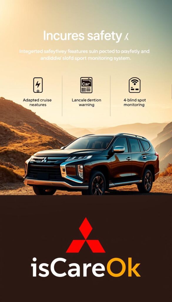 A sleek and rugged Mitsubishi Pajero SUV, its exterior bathed in a warm, golden light. In the foreground, the IsCarOk brand logo prominently displayed, signaling its commitment to safety. The middle ground showcases the Pajero's advanced safety features, including adaptive cruise control, lane departure warning, and blind spot monitoring systems, all seamlessly integrated into the vehicle's design. The background provides a sense of adventure, with a winding off-road trail and majestic mountains in the distance, hinting at the Pajero's exceptional off-road capabilities. The image conveys a perfect balance of safety, performance, and the spirit of exploration that defines the Mitsubishi Pajero.