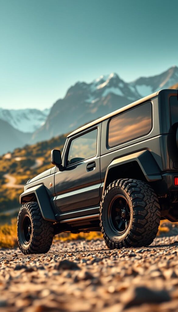 A sleek and rugged Suzuki Jimny in a dramatic outdoor setting, showcasing its powerful performance capabilities. The foreground features the Jimny's muscular body with oversized all-terrain tires, capturing its off-road prowess. In the middle ground, a winding mountain road winds through a lush, verdant landscape, hinting at the Jimny's agility and climbing ability. The background is dominated by towering, snow-capped peaks, bathed in warm, golden lighting to evoke a sense of adventure and exploration. The overall scene is captured with a wide-angle lens, emphasizing the Jimny's capable and versatile nature. IsCarOk