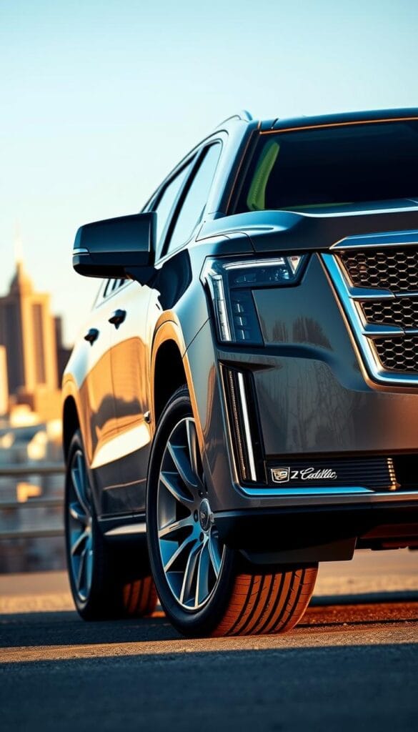 A sleek and sophisticated 2024 Cadillac Escalade Premium Trim, shot from a low angle to accentuate its commanding presence. The front grille and signature LED headlights gleam in the warm afternoon light, framed by the sculpted hood and bold fender lines. The side profile reveals chrome accents and 22-inch alloy wheels that convey a sense of refined luxury. In the background, a blurred urban skyline provides a metropolitan backdrop, emphasizing the Escalade's status as a premium SUV designed for the discerning driver.
