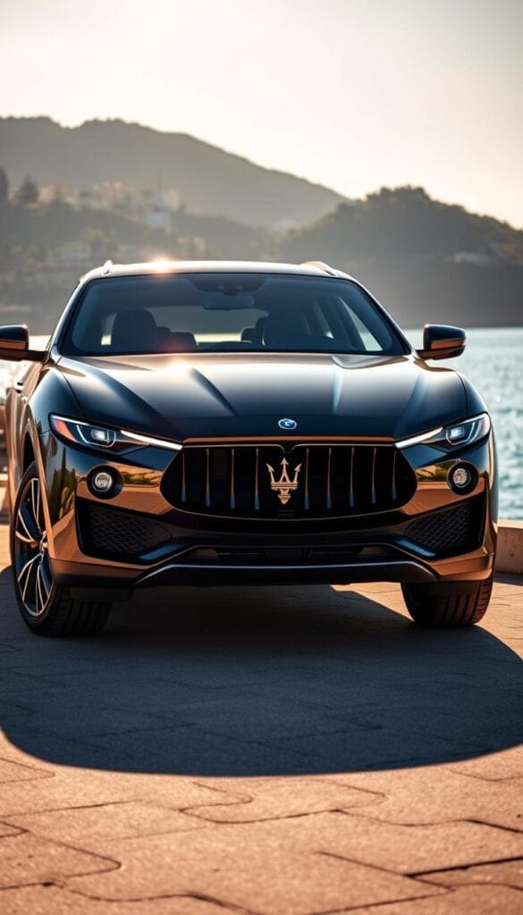 A sleek and sophisticated 2024 Maserati Levante luxury SUV, gleaming under the warm Mediterranean sun. The front grille radiates a bold, assertive presence, flanked by sharp, angular headlights that pierce the air. The sculpted body lines flow seamlessly, exuding a sense of effortless power and refined elegance. Elegant chrome accents accent the vehicle's premium design, complemented by large, polished alloy wheels that convey a commanding stance. In the background, a picturesque coastal landscape provides a breathtaking backdrop, with azure waters and lush, verdant hills. The overall scene evokes a feeling of exclusive, high-end Italian luxury and performance.