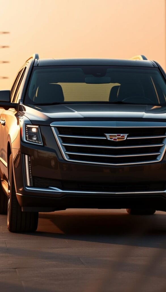 A sleek and sophisticated 2025 Cadillac Escalade Hybrid Luxury Vehicle, illuminated by soft, warm lighting that accentuates its bold, angular exterior design. The vehicle is captured from a low, front-three-quarter angle, showcasing its imposing presence and commanding stance. The background is a minimalist urban setting, with a subtle, hazy atmosphere that conveys a sense of environmental responsibility. The Escalade's efficient hybrid powertrain is the focal point, reflecting its reduced carbon footprint and improved fuel economy, in line with the "Fuel Economy and Environmental Impact" section of the article.