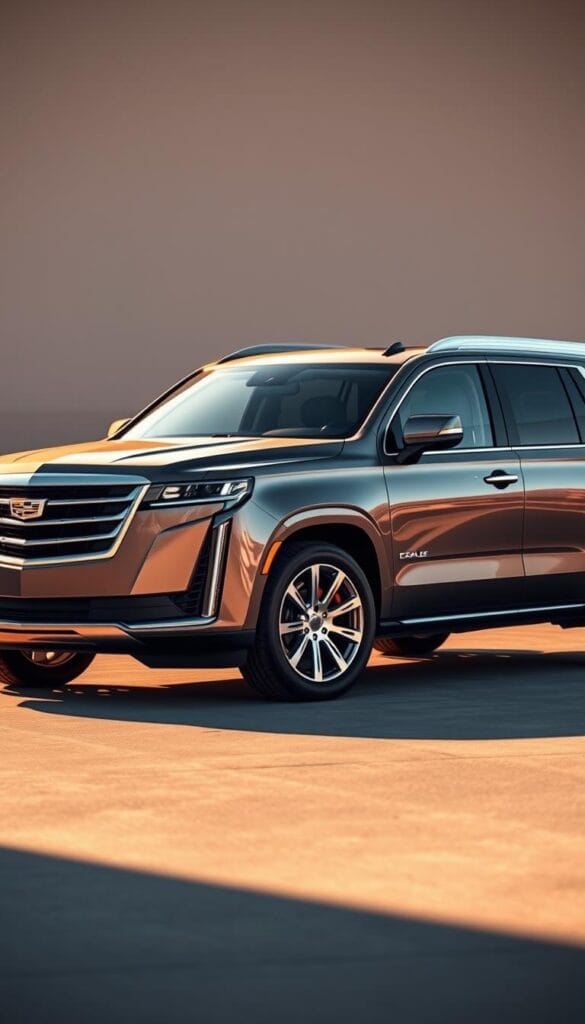 A sleek and sophisticated 2025 Cadillac Escalade, showcasing its various trim levels. The vehicle is illuminated by warm, natural lighting, capturing its impressive presence and luxurious details. The foreground features the Escalade's bold, angular exterior design, with a focus on the distinctive grille, headlights, and chrome accents. In the middle ground, the different trim levels are displayed, each with its own unique styling cues and premium materials. The background subtly blends in, allowing the viewer to focus on the details that distinguish the Escalade's trim hierarchy. The overall scene conveys a sense of high-end refinement and exclusivity, reflecting the Escalade's position as a top-tier luxury SUV.