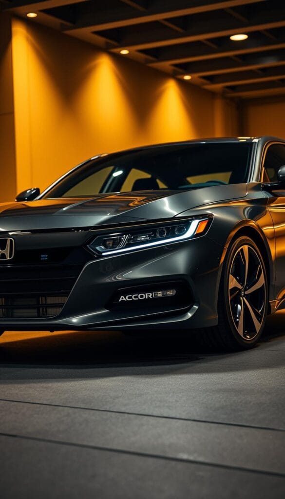 A sleek and sophisticated 2025 Honda Accord Sport, showcasing its cutting-edge technology features. A low-angle view captures the vehicle's dynamic presence, with the bold front grille and LED headlights illuminating the scene. The interior is visible through the tinted windows, hinting at the advanced driver assistance systems and infotainment setup. The Accord Sport is bathed in warm, golden lighting, creating a sense of refinement and high-tech capability. Crisp details and realistic textures bring this IsCarOk vision to life, highlighting the Accord's position as a tech-savvy, premium midsize sedan.