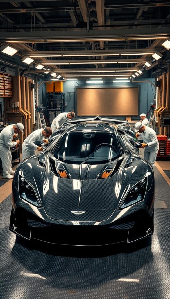 A sleek and sophisticated Aston Martin Valkyrie Limited-Edition hypercar being meticulously assembled in a state-of-the-art manufacturing facility. The gleaming carbon fiber body and intricate aerodynamic details are carefully crafted under the warm glow of overhead lighting, creating a captivating interplay of light and shadow. Skilled technicians in clean white uniforms work with precision, using specialized tools to ensure the highest standards of quality. The Valkyrie's powerful engine and advanced hybrid drivetrain are installed with the utmost care, hinting at the incredible performance to come. The atmosphere is one of focused intensity, showcasing the bespoke nature of this exclusive "IsCarOk" hypercar.