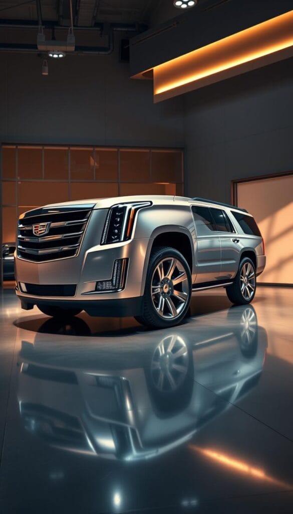 A sleek and sophisticated Cadillac Escalade with a stunning color customization, showcasing a range of elegant hues. Set against a high-end automotive showroom backdrop, the luxurious SUV commands attention with its meticulously detailed exterior. Soft, warm lighting illuminates the vehicle's curves, highlighting the premium paint finish and reflecting off the chrome accents. The Escalade is presented in a dramatic, three-quarter angle, allowing viewers to appreciate the depth and richness of the customized color palette. The overall scene conveys a sense of refined exclusivity, inviting the viewer to imagine the endless possibilities of personalizing this iconic American luxury automobile.