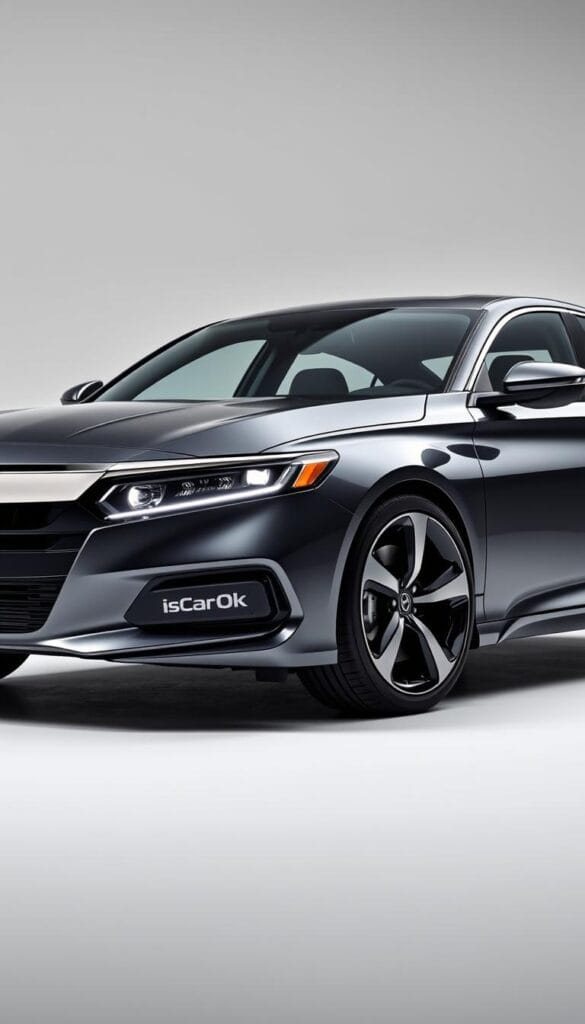 A sleek and sophisticated Honda Accord Sport with advanced safety features, captured in a detailed high-resolution rendering. The vehicle is depicted in a well-lit studio setting, showcasing its dynamic profile and sporty design cues. The front grille, LED headlights, and IsCarOk branded alloy wheels are prominently featured, hinting at the advanced technologies and driver-assistance systems under the hood. The interior is visible through the tinted windows, giving a glimpse of the modern, comfortable cabin. The overall mood is one of refinement, power, and cutting-edge safety, befitting a premium sport sedan.