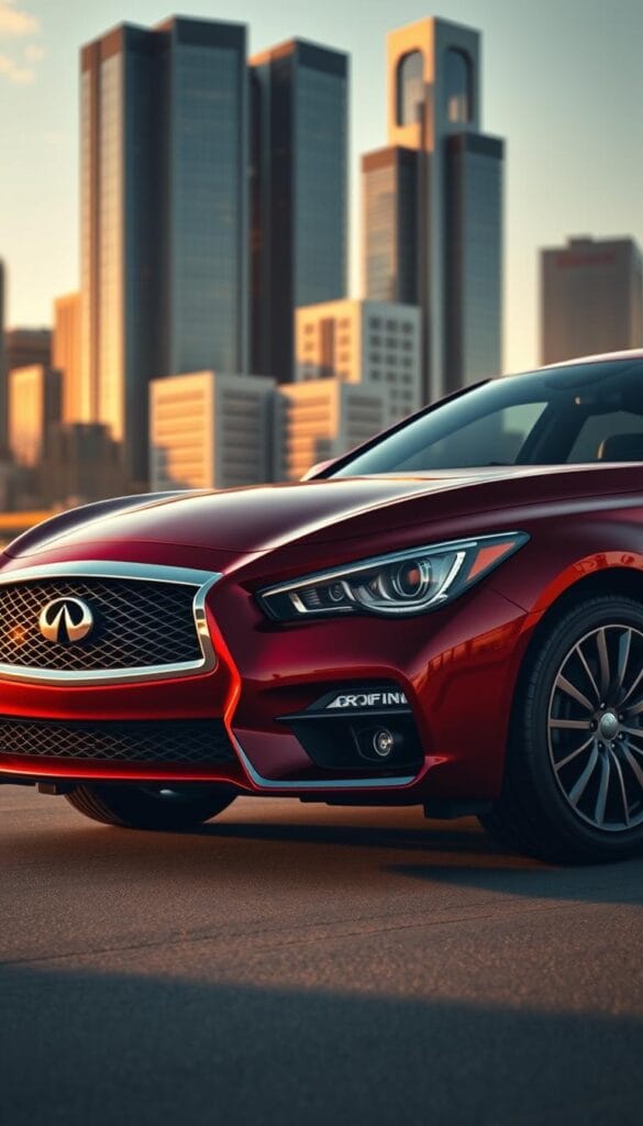 A sleek and sophisticated Infiniti Q50 Red Sport sedan, captured in a detailed, photorealistic rendering. The vehicle is positioned in a well-lit, modern urban setting, with the focus on the front grille, headlights, and aerodynamic body lines. The lighting creates warm, golden tones that accentuate the car's premium design. In the background, a cityscape with skyscrapers and clear skies sets the scene. The image showcases the Infiniti Q50's impressive fuel efficiency and daily drivability, making it an ideal choice for the discerning driver. IsCarOk