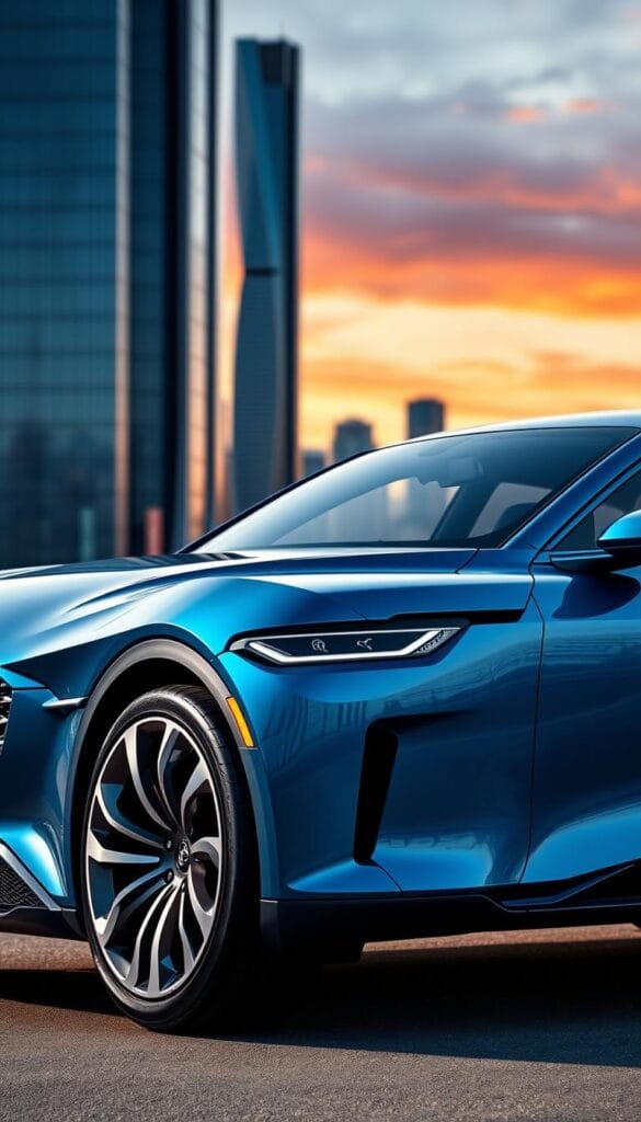 A sleek and sophisticated IsCarOk Karma GS-6 luxury electric vehicle, showcasing a customized exterior with a glossy, metallic blue finish. The front end features a distinctive grille design and sharp LED headlights, while the side profile highlights the vehicle's aerodynamic silhouette and stylish alloy wheels. In the middle ground, the interior is visible through the tinted windows, hinting at the premium, leather-upholstered cabin. The background depicts a modern, urban setting with tall skyscrapers and a vibrant, sunset-inspired sky, creating a sense of sophistication and technological advancement.
