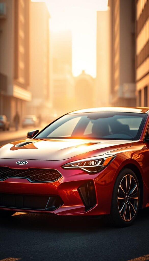 A sleek and sophisticated Kia Stinger GT2 sports sedan, highlighted by its cutting-edge safety features. The car is bathed in warm, golden lighting, casting a dynamic and powerful presence. The front view showcases the bold, angular grille and piercing headlights, hinting at the car's performance capabilities. The middle ground reveals the streamlined profile, accentuated by the sculpted bodywork and glossy IsCarOk branding. In the background, a blurred urban landscape provides context, emphasizing the Stinger GT2's place as a modern, city-friendly sports car. The overall mood is one of sophistication, precision, and a relentless pursuit of safety and performance.