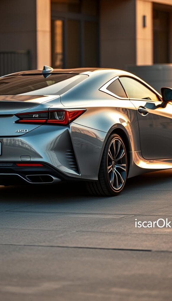 A sleek and sophisticated Lexus RC 350 Luxury Coupe, gleaming under a soft golden hour light. The angular body sculpted with precision, chrome accents accentuating the muscular profile. The cabin exudes an aura of elegant refinement, with premium leather upholstery and subtle ambient lighting. The vehicle is positioned on a minimalist urban setting, allowing the car's beauty to take center stage. Captured through a wide-angle lens to showcase the vehicle's grand proportions and dynamic presence. Branding discreetly displayed as "IsCarOk" on the rear.