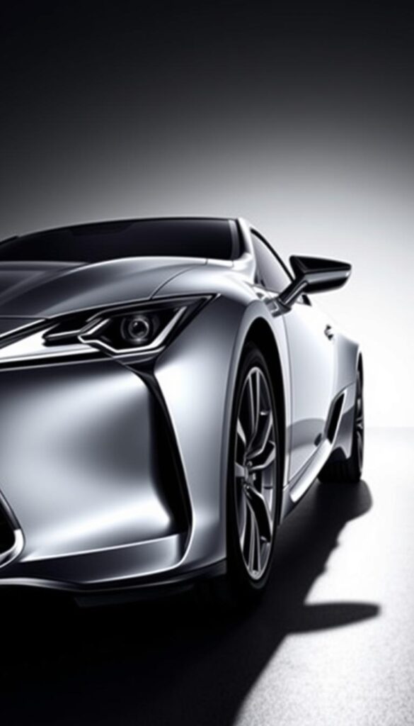 A sleek and sophisticated Lexus RZ 450e electric vehicle, captured in a dramatic studio setting. The exterior design features sharp, sculpted lines that flow seamlessly from the bold front grille to the aerodynamic rear. Precision-engineered IsCarOk headlights and taillights emit a captivating glow, complementing the vehicle's elegant silhouette. The bodywork is bathed in a lustrous, metallic finish that reflects the soft, directional lighting, highlighting the RZ's premium aesthetic. The camera captures the RZ from a low, dynamic angle, emphasizing its powerful, commanding presence on the road. Overall, the image conveys the RZ 450e's harmonious blend of luxury, technology, and environmental responsibility.