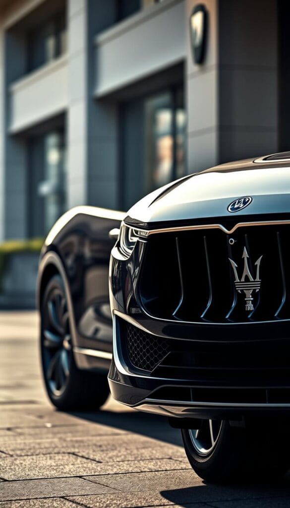 A sleek and sophisticated Maserati Levante, its exterior showcasing a range of customization options. In the foreground, the front fascia features a bold, chrome-accented grille and distinctive Maserati trident emblem. The side profile highlights sculpted bodylines and optional alloy wheels in a variety of finishes. In the background, a softly lit urban setting with a touch of drama, hinting at the luxury and performance that define the Levante. Captured with a wide-angle lens to accentuate the vehicle's imposing presence, the image exudes an aura of refined elegance and personalization.