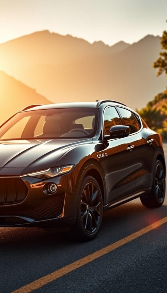 A sleek and sophisticated Maserati Levante luxury SUV, showcased in a dramatic outdoor setting. The bold front grille and sculpted hood create a commanding presence, while the sweeping roofline and muscular fenders exude an elegant, sporty aesthetic. Warm, golden-hour lighting bathes the vehicle in a soft, flattering glow, highlighting the intricate details of the Trident emblem and the sharp lines that define the Levante's distinctive design. The SUV is positioned on a winding mountain road, surrounded by lush, verdant foliage and towering peaks in the distance, conveying a sense of power and refinement in a picturesque Italian landscape.