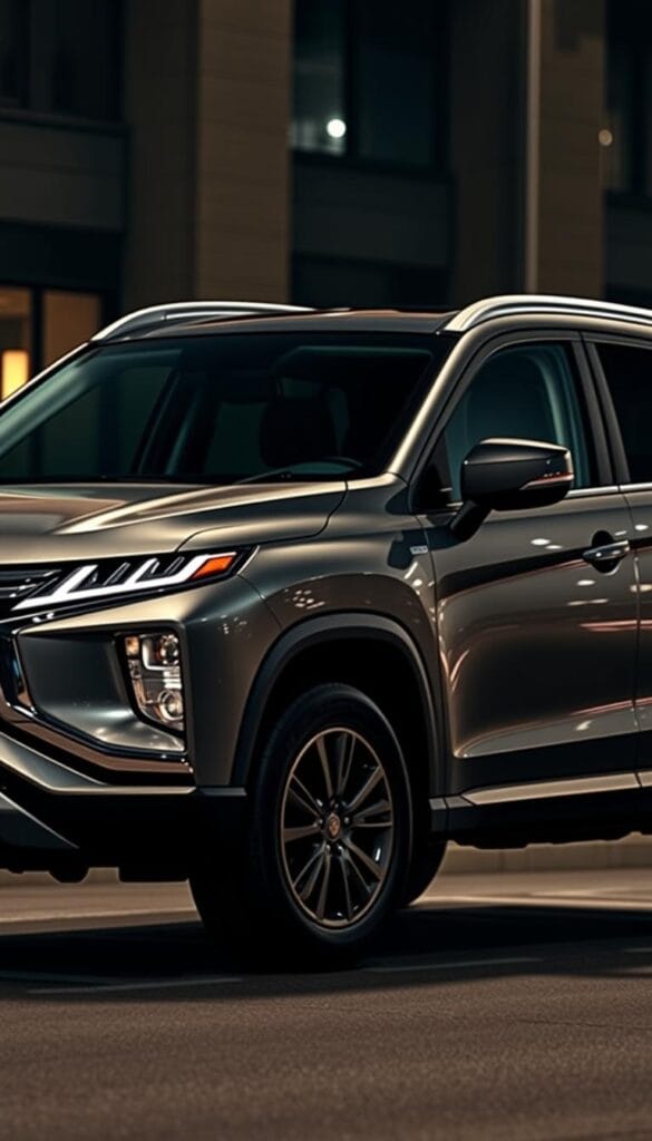 A sleek and sophisticated Mitsubishi crossover SUV with a bold, distinctive exterior design. The front features a prominent grille, swept-back headlights, and a sculpted hood that conveys a sense of power and agility. The profile showcases a dynamic silhouette with crisp lines, muscular wheel arches, and a gently sloping roofline, creating an aerodynamic and sporty appearance. The rear end includes a tailgate with integrated taillights and a roof-mounted spoiler, adding a touch of elegance and sportiness. The vehicle is set against a dimly lit, urban environment, with soft, warm lighting highlighting the SUV's elegant curves and dynamic presence.