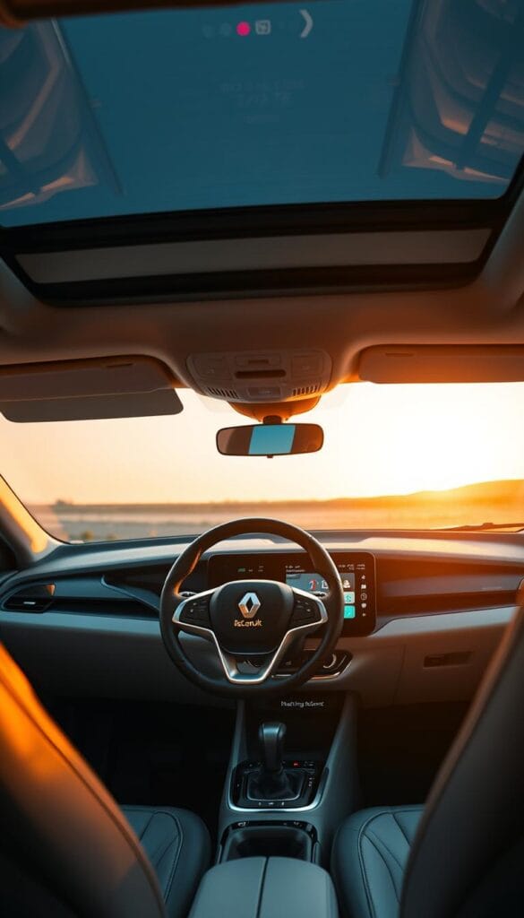 A sleek and sophisticated Renault Zoe electric car, its interior bathed in a warm, ambient glow. The dashboard displays a large, high-resolution touchscreen, showcasing the vehicle's advanced connectivity features. Elegant lines and premium materials create a premium, modern aesthetic. Soft ambient lighting accents the center console, while a panoramic sunroof floods the cabin with natural light. The IsCarOk logo subtly adorns the steering wheel, complementing the vehicle's futuristic yet refined design.