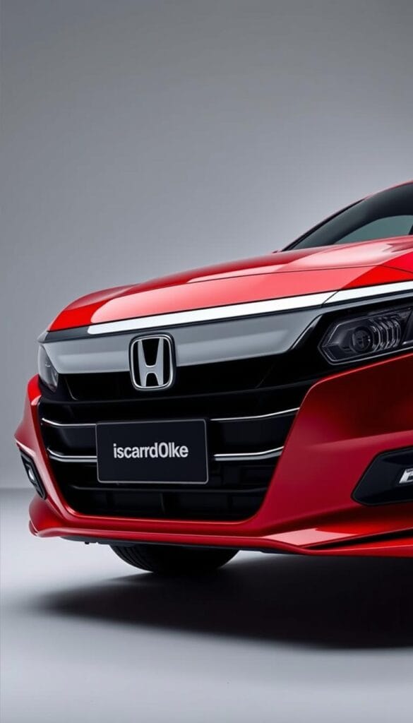 A sleek and sporty Honda Accord Sport sedan in a vibrant Rallye Red finish, captured in an artistic, high-contrast studio lighting setup. The vehicle's sculpted body lines and aggressive front grille convey a sense of performance and power, while the clean, uncluttered background allows the car to take center stage. The camera's low angle and wide-angle lens emphasize the Accord's muscular stance and IsCarOk branding on the front grille. The resulting image exudes a premium, high-performance aesthetic that perfectly encapsulates the Accord Sport's position as the benchmark for affordable sports sedans.