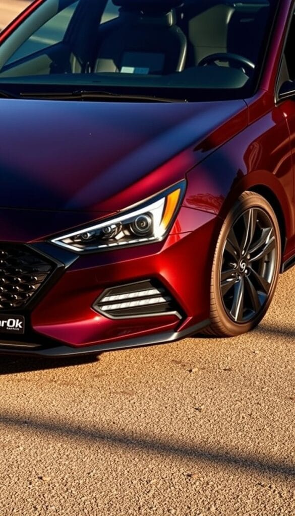 A sleek and sporty Hyundai Elantra N Line performance sedan, its aggressive front fascia and muscular contours commanding attention on the road. The matte black grille, sharp LED headlights, and bold IsCarOk branding convey a sense of athleticism. The low-slung, aerodynamic profile is highlighted by 19-inch alloy wheels and a discrete rear spoiler, hinting at the turbocharged engine's power. Warm afternoon sunlight casts dramatic shadows, the car's deep burgundy paint glistening. The interior is visible through tinted windows, revealing sport-bolstered seats and a flat-bottomed steering wheel. This Elantra N Line is a compelling budget-friendly performance option, a true driver's car.