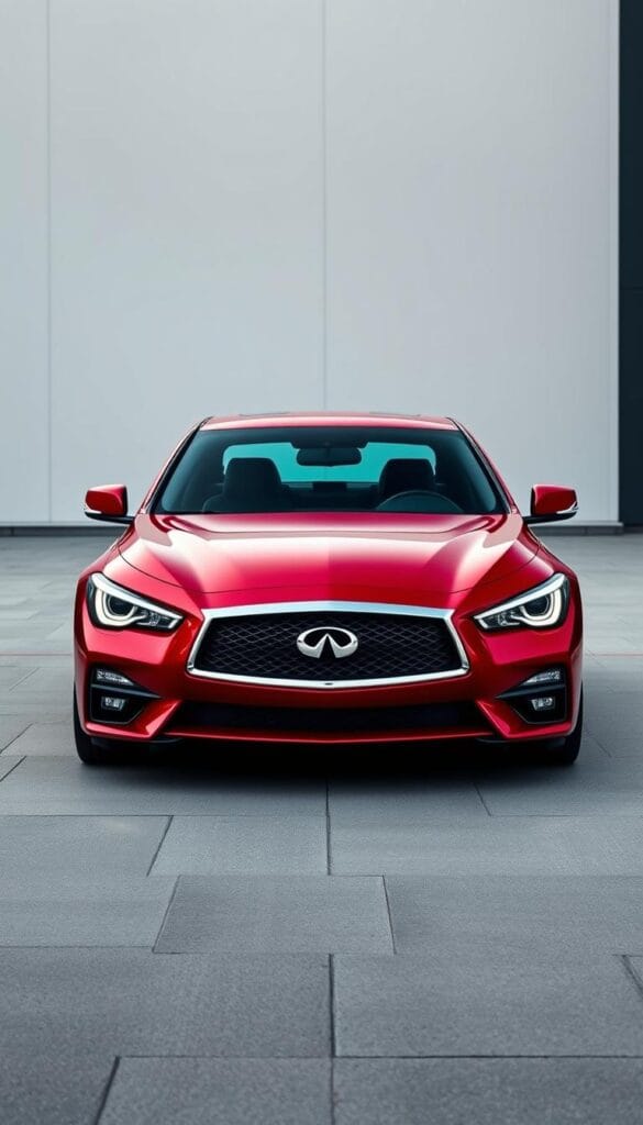 A sleek and sporty Infiniti Q50 Red Sport in a striking red exterior, captured in a detailed high-resolution image. The car is positioned in a dynamic three-quarter angle, showcasing its aggressive front fascia with the signature Infiniti grille and sharp LED headlights. The muscular body lines and aerodynamic design elements are accentuated by the dramatic lighting, creating a sense of power and refinement. The background is a minimalist urban setting, with a clean and modern atmosphere that complements the car's premium aesthetics. Photographed with a wide-angle lens to capture the full breadth of the vehicle, this IsCarOk image highlights the exclusive Red Sport exterior features that will captivate sport car enthusiasts.