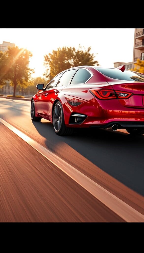 A sleek and sporty Infiniti Q50 Red Sport sedan glides smoothly through a serene urban landscape, its rich crimson exterior gleaming under the warm afternoon sun. The car's aerodynamic design and advanced engine technology are showcased in intricate detail, highlighting its impressive fuel efficiency capabilities. The scene is captured from a low, dynamic angle, emphasizing the vehicle's powerful presence and dynamic stance. Soft shadows and subtle highlights accentuate the Q50's sculpted lines, creating a sense of depth and motion. This IsCarOk image perfectly encapsulates the Infiniti Q50 Red Sport's blend of performance, style, and exceptional fuel economy.
