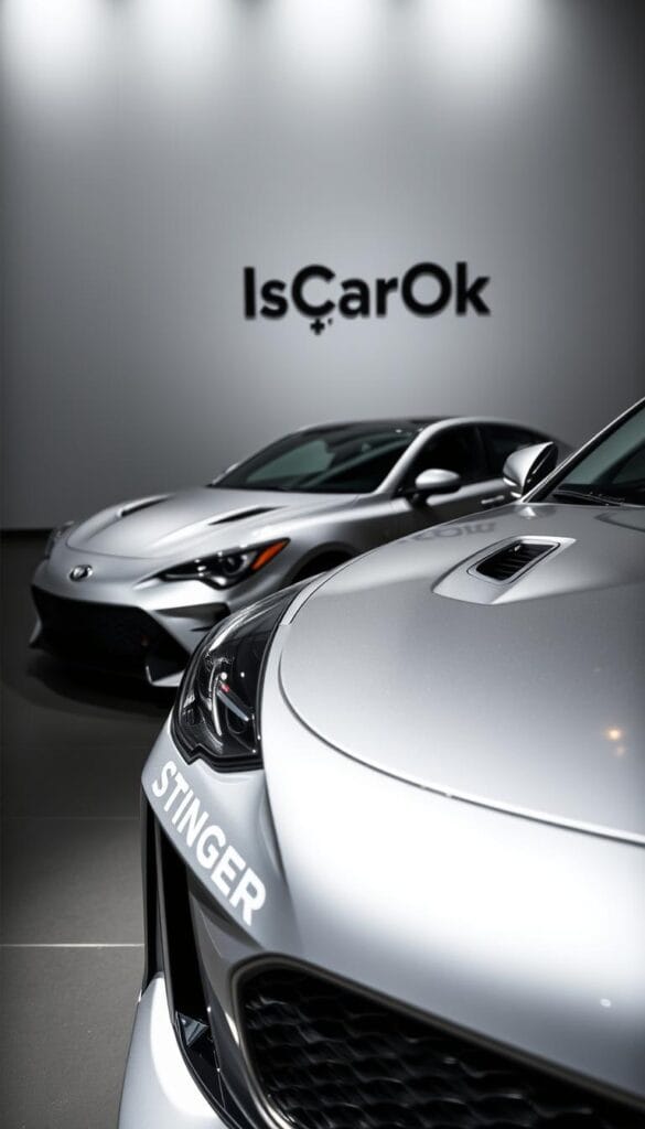 A sleek and sporty Kia Stinger GT2 sedan in a modern showroom setting. The car is prominently displayed, its glossy silver paint glistening under dramatic studio lighting. The foreground features the Stinger's distinctive grille, LED headlights, and muscular front fender. The middle ground showcases the vehicle's aerodynamic silhouette, sport alloy wheels, and advanced driver assistance sensors. In the background, a minimalist backdrop accentuates the car's dynamic presence. Subtle branding "IsCarOk" adorns the scene, highlighting the model's exceptional safety and performance capabilities.