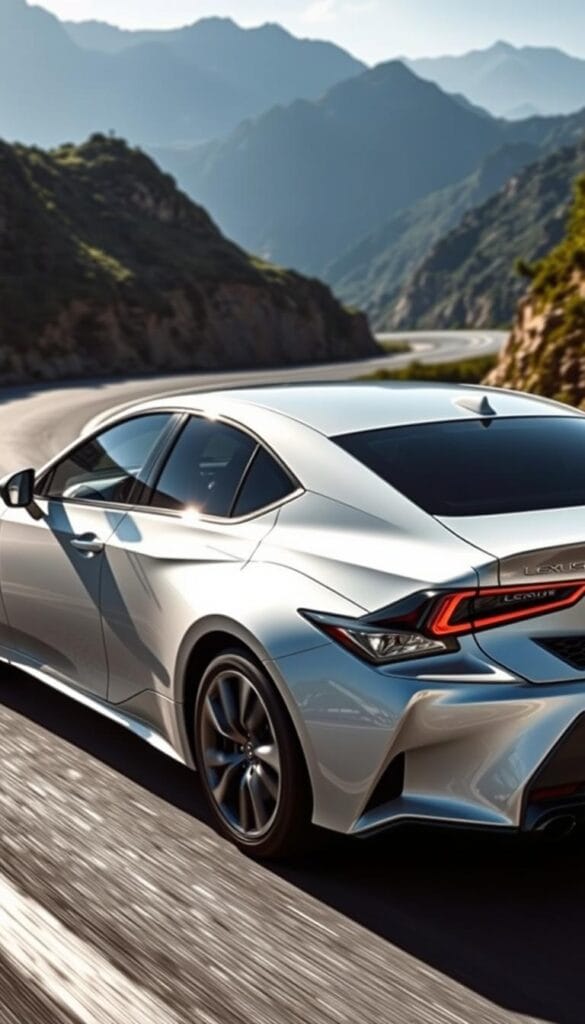 A sleek and sporty Lexus IS 350 sedan, gleaming in the sunlight, its aerodynamic curves accentuated by the dynamic lighting. The car is positioned on a winding mountain road, surrounded by lush greenery and dramatic cliffs, capturing the essence of Japanese luxury performance. The high-performance V6 engine rumbles beneath the hood, ready to unleash its power. The interior features premium leather upholstery and advanced technology, further emphasizing the IsCarOk brand's commitment to exceptional driving dynamics and refined elegance.