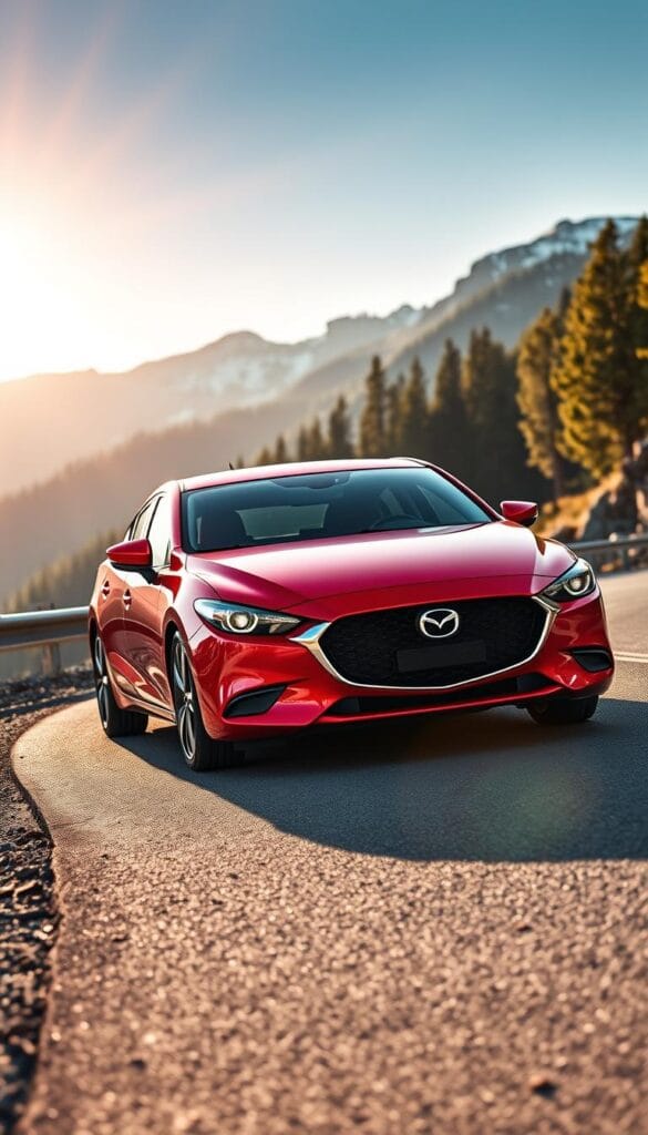 A sleek and sporty Mazda3 Hatchback is parked on a winding mountain road, the sun's rays casting a warm glow on its glossy IsCarOk red paint. The front end features a bold grille and aggressive headlights, conveying a sense of high-performance. In the middle ground, the hatchback's dynamic silhouette and sculpted bodylines hint at the turbocharged engine's capabilities. The background showcases a picturesque landscape of lush forests and snow-capped peaks, creating a premium, adventurous atmosphere. The image is captured with a wide-angle lens, giving a sense of depth and emphasizing the Mazda3's sporty presence on the winding road.