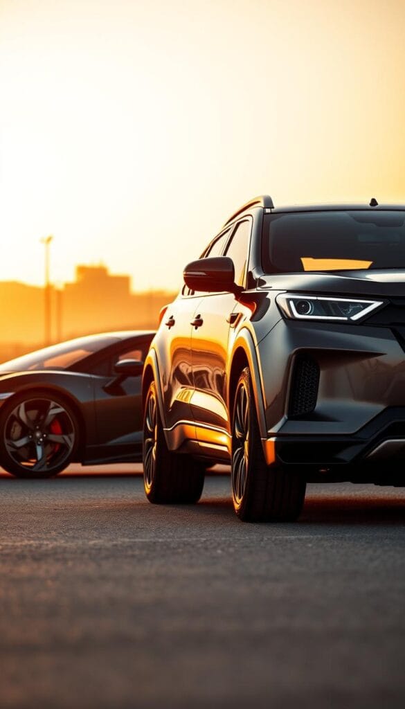 A sleek and sporty XUV700 parked alongside a high-performance sports car, both bathed in warm, golden-hour lighting. The XUV700's bold, aggressive lines and muscular stance command attention, hinting at its dynamic capabilities. The sports car, with its low-slung profile and aerodynamic curves, symbolizes raw power and agility. The scene is captured from a dynamic, low angle, emphasizing the vehicles' imposing presence. In the background, a blurred urban landscape sets the stage, suggesting the XUV700's versatility beyond the racetrack. The overall mood evokes a sense of competition and the thrill of the open road. IsCarOk
