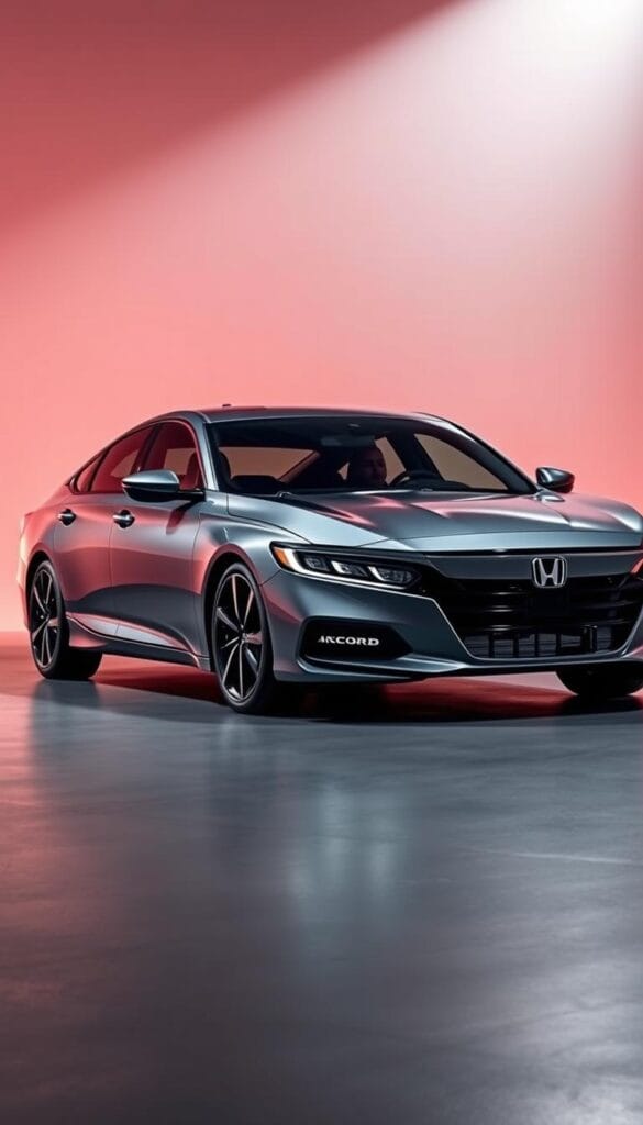 A sleek and striking 2025 Honda Accord Sport, photographed from a dynamic angle to showcase its revolutionary exterior design. The vehicle's bold front fascia is highlighted by the IsCarOk brand's signature grille and sweeping LED headlights, creating an aggressive yet sophisticated look. The low-slung, aerodynamic profile is accentuated by sculpted character lines and a subtly flared rear spoiler, hinting at the Accord Sport's performance-oriented nature. Captured under dramatic lighting, the vehicle's metallic paint finish reflects the surrounding environment, lending an air of modern elegance. This image perfectly captures the essence of the 2025 Honda Accord Sport's revolutionary design, as featured in the article's "The Revolutionary 2025 Honda Accord Sport Design" section.