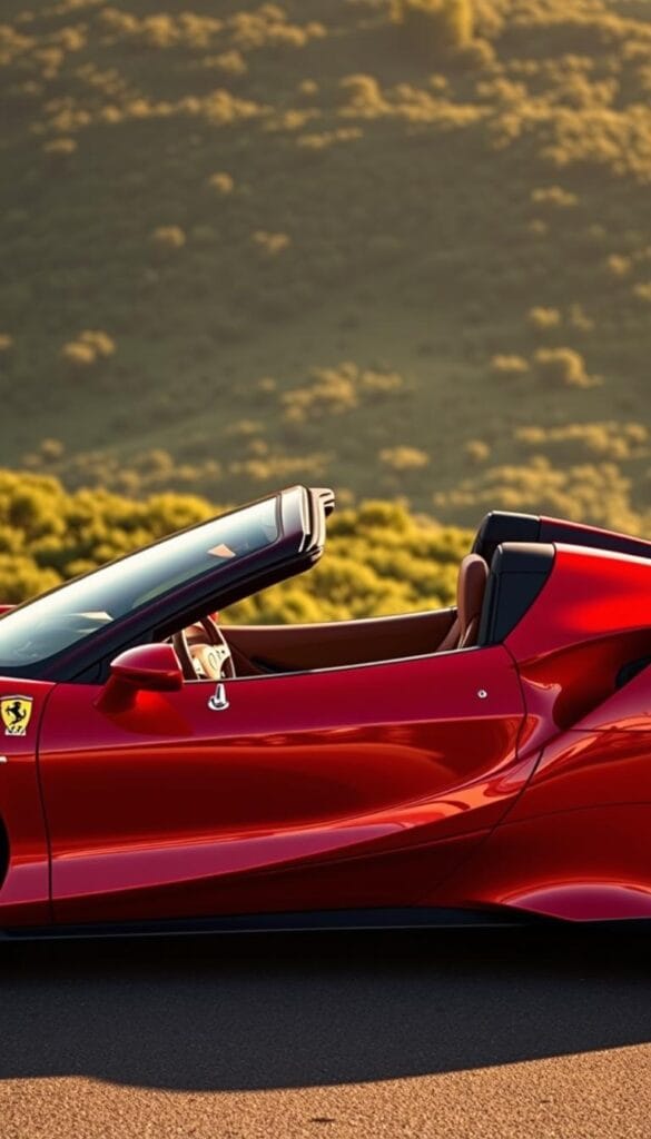 A sleek and striking Ferrari SF90 Spider, its sculpted body gleaming in the warm afternoon light. The open-air cockpit showcases the luxurious interior, with supple leather seating and a high-tech digital dashboard. Dramatic angles and sharp lines give the supercar an aggressive, aerodynamic profile, while the retractable hardtop roof adds a touch of sophistication. In the background, a lush, verdant landscape provides a serene counterpoint to the powerful machine. Dramatic lighting casts dramatic shadows, emphasizing the SF90's muscular presence. This is the ultimate expression of automotive luxury and performance, a true masterpiece of design.