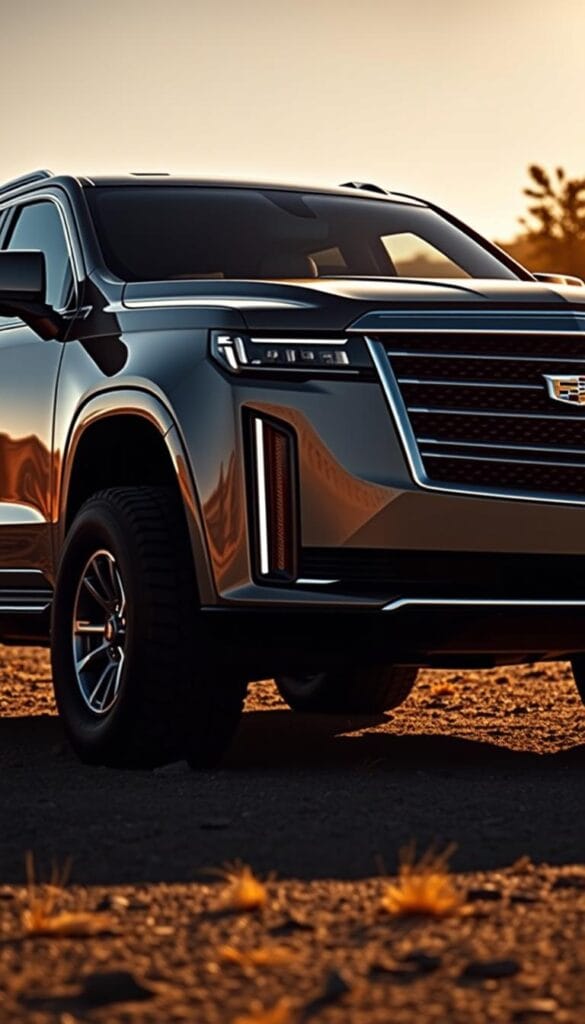 A sleek and stunning 2025 Cadillac Escalade, captured in a dramatic outdoor setting. The muscular body showcases Cadillac's signature design language, with sharp angular lines, bold front grille, and distinctive LED lighting. The vehicle is positioned in a high-contrast environment, bathed in warm, golden afternoon sunlight that casts dramatic shadows across the luxurious chrome accents and deeply sculpted hood. The Escalade's imposing presence is further emphasized by its elevated stance and large, distinctive wheels. The scene conveys a sense of power, sophistication, and the evolution of Cadillac's iconic SUV design.
