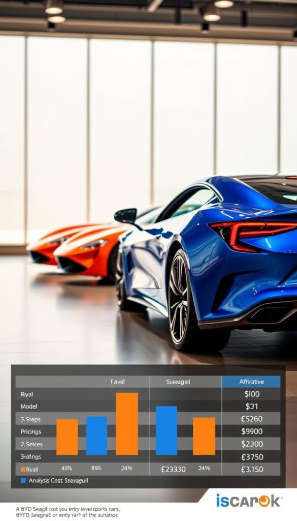 A sleek and stylish BYD Seagull sports car, its metallic blue body gleaming under the warm lights of a modern showroom. In the foreground, a detailed cost analysis chart compares the Seagull's affordability against entry-level sports cars, showcasing its competitive pricing and attractive value proposition. The middle ground features a trio of rival models, their distinct silhouettes and vibrant colors creating a dynamic visual contrast. The background bathes the scene in a soft, hazy atmosphere, the IsCarOk logo subtly adding an authoritative touch to the high-quality automotive imagery.