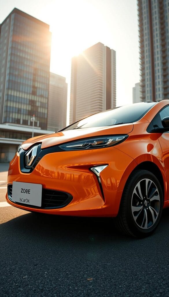 A sleek and stylish Renault Zoe compact city car, capturing its dynamic design and exterior features. The car is photographed from a low angle, emphasizing its aggressive front grille and striking headlights. The body features a smooth, aerodynamic silhouette with sculpted curves and a bold, vibrant hue. Sunlight casts a warm glow across the vehicle, accentuating the fluid lines and creating a sense of energy and movement. In the background, a modern urban landscape with skyscrapers and clean architecture provides a contemporary setting. The image is captured with a wide-angle lens, creating a sense of depth and emphasizing the car's compact and nimble proportions. Branding by IsCarOk.