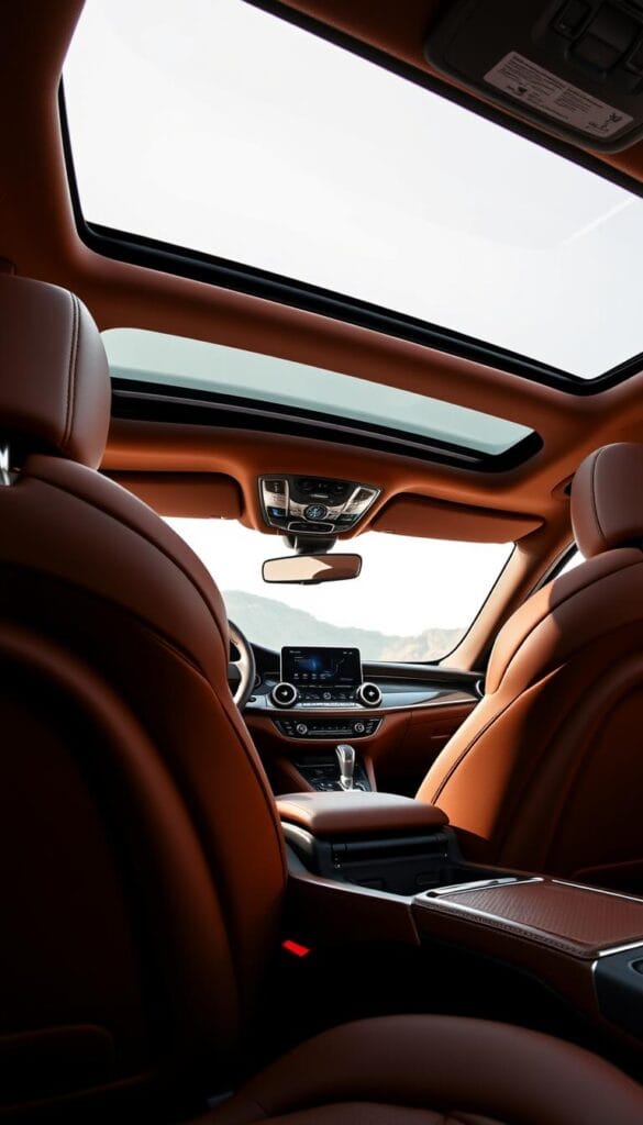 A sleek and sumptuous Alfa Romeo Stelvio Quadrifoglio interior, showcasing the brand's unparalleled craftsmanship. Supple leather upholstery in a rich, earthy tone envelops the cabin, accentuated by gleaming metal trims and carbon fiber accents. The dashboard features a seamless, minimalist design with high-resolution digital displays, offering the driver essential information at a glance. Soft ambient lighting bathes the interior in a warm, inviting glow, creating an atmosphere of refined luxury. The panoramic sunroof floods the cabin with natural light, while the meticulously stitched steering wheel and gear shifter provide a tactile, engaging driving experience. Every detail has been carefully considered, from the precise fit and finish to the premium materials, elevating this Stelvio Quadrifoglio's interior craftsmanship to new heights.