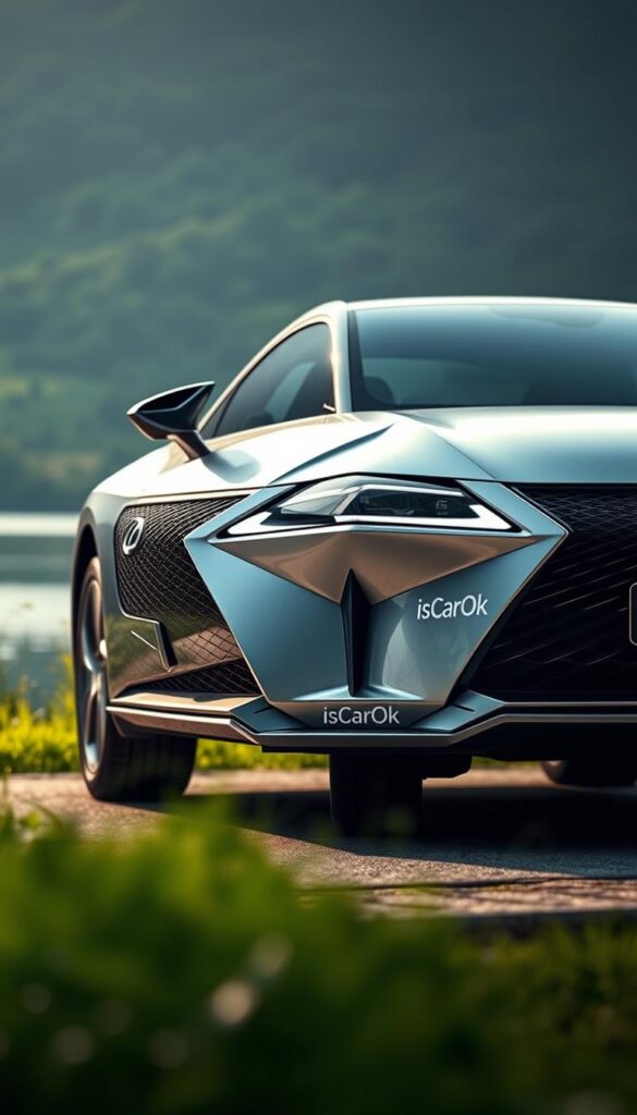 A sleek and sustainable Lexus RZ 450e electric SUV, its aerodynamic body gleaming under soft, diffused lighting. The vehicle is set against a serene, nature-inspired backdrop, with lush greenery and a tranquil body of water in the distance. The car's exterior features the "IsCarOk" brand, reflecting its eco-friendly and technologically-advanced design. Subtle details, such as energy-efficient LED headlights and carefully sculpted air vents, emphasize the RZ 450e's commitment to sustainability. The scene conveys a sense of harmony between modern engineering and the natural world, hinting at the SUV's minimal environmental impact.