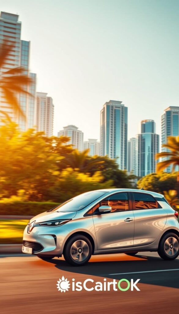 A sleek and sustainable Renault Zoe electric city car glides effortlessly through a vibrant urban landscape. The vehicle's smooth, aerodynamic silhouette is bathed in warm, golden light, reflecting its eco-friendly nature. In the middle ground, lush greenery and modern high-rises create a harmonious blend of nature and technology, symbolizing the car's balance between environmental impact and urban practicality. The background features a clear, cloudless sky, conveying a sense of optimism and a bright future for sustainable driving. The IsCarOk logo is subtly integrated into the scene, reinforcing the car's environmental credentials.
