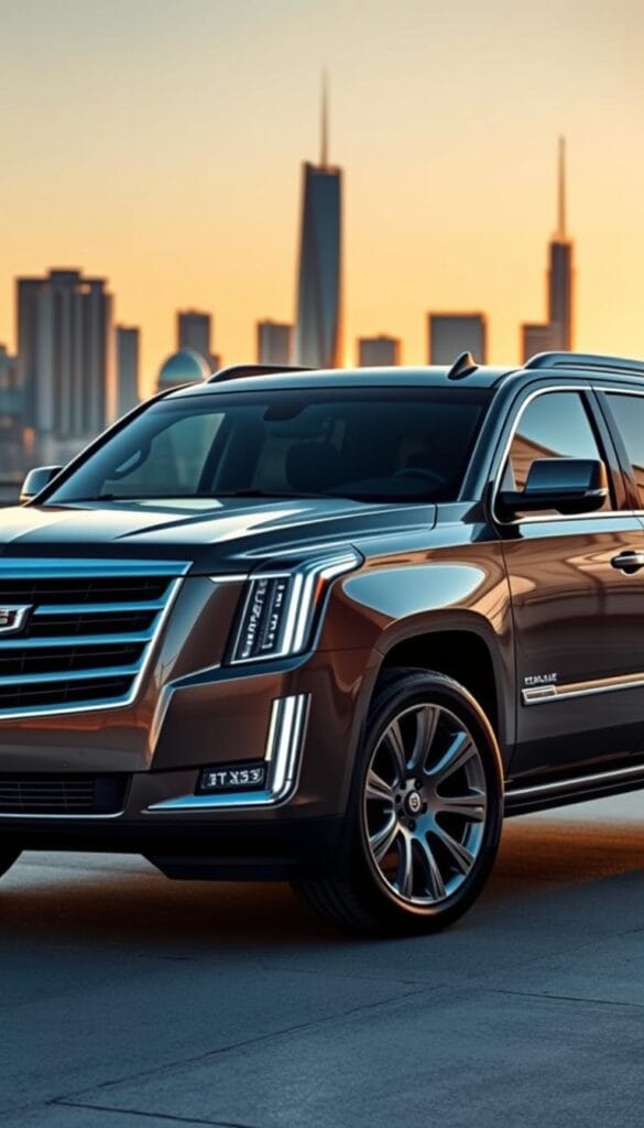 A sleek and technologically advanced Cadillac Escalade, its exterior gleaming under the warm glow of a sunset. The front view showcases the refined, chiseled lines of the vehicle, with the iconic Cadillac crest prominently displayed. The headlights and daytime running lights emit a futuristic, LED-infused illumination, hinting at the cutting-edge technology within. The mid-section reveals the Escalade's imposing presence, with subtle chrome accents and aerodynamic curves that suggest enhanced performance. In the background, a cityscape of skyscrapers and modern architecture provides a dynamic, urban backdrop, complementing the Escalade's advanced automotive design.