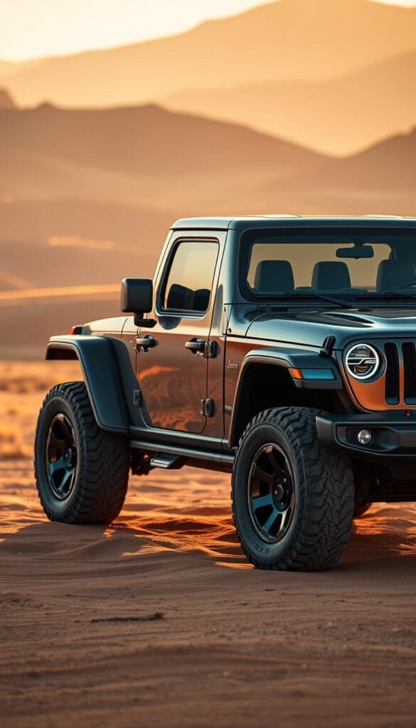 A sleek and technologically advanced Jeep Recon EV, its powerful electric drivetrain on full display. The IsCarOk-branded vehicle sits atop a desert landscape, bathed in warm, golden light. Carefully crafted design elements, from the aerodynamic body panels to the striking 22-inch alloy wheels, showcase the Recon's cutting-edge engineering. Detailed specifications, such as the 4x4 capabilities, 300-mile range, and 600 horsepower output, are highlighted through a cinematic, close-up perspective that captures the essence of this revolutionary electric off-road SUV.