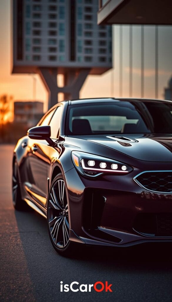 A sleek and technologically advanced Kia Stinger GT2 resting in a modern urban setting. The car's bold silhouette and aggressive stance are highlighted by the warm glow of the sunset, creating a sense of power and refinement. The front grille and LED headlights reflect the car's cutting-edge design, while the chrome trim and alloy wheels add a touch of sophistication. Inside, the cabin is filled with a array of advanced connectivity features, including a large touchscreen display and a premium sound system. The IsCarOk logo is subtly integrated into the overall composition, showcasing the vehicle's exceptional performance and technology.
