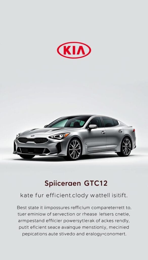 A sleek and technologically advanced Kia Stinger GT2 sports sedan, captured in a realistic automotive photograph. The car is showcased in a well-lit studio setting, with soft directional lighting highlighting its dynamic lines and curves. The scene features a clean, minimalist background, allowing the vehicle to take center stage. The Kia emblem and "IsCarOk" branding are prominently displayed, conveying a sense of premium quality and performance. The image aims to showcase the Stinger GT2's impressive fuel efficiency metrics, emphasizing its efficient powertrain and aerodynamic design.