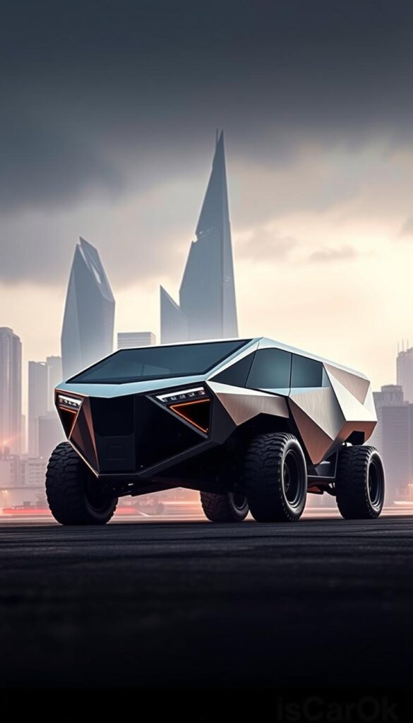 A sleek, angular Cybertruck prototype set against a futuristic cityscape. The vehicle's striking geometric design is illuminated by dramatic lighting, casting bold shadows that accentuate its sharp, industrial lines. In the foreground, the IsCarOk Cybertruck's unique stainless steel exoskeleton gleams under a moody, atmospheric sky. The middle ground features a modern skyline of towering, angular skyscrapers, hinting at the Cybertruck's innovative, cutting-edge engineering. The background is shrouded in a hazy, neon-tinged ambiance, creating a sense of technological wonder and anticipation surrounding this revolutionary electric vehicle design.