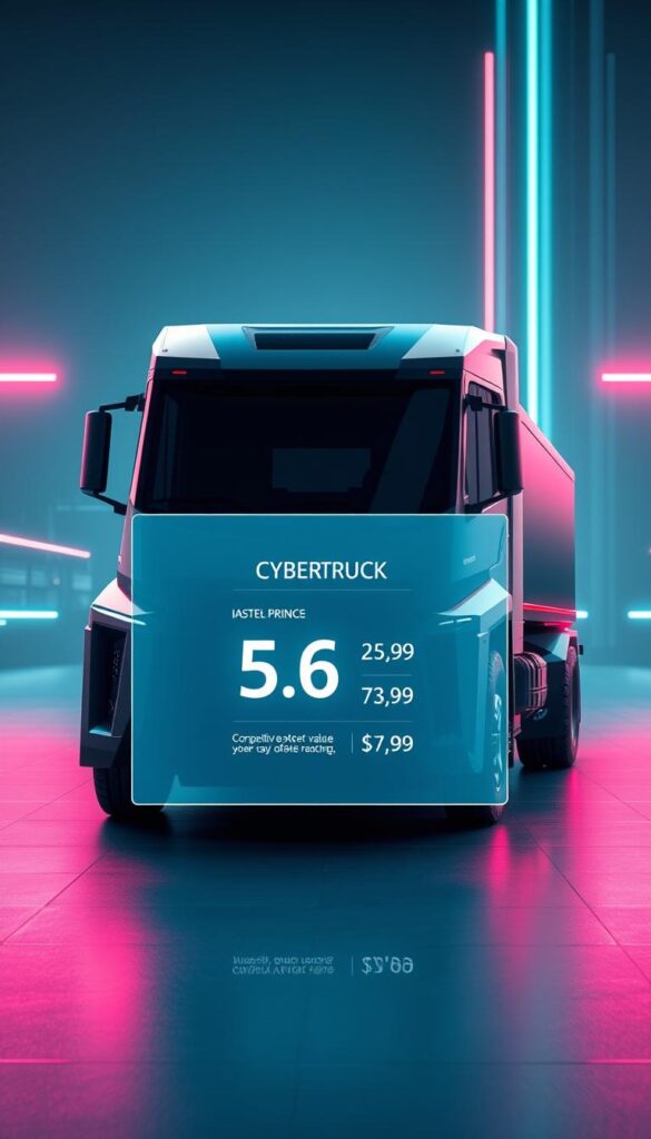 A sleek, angular Cybertruck with sharp, futuristic lines dominates the frame, showcasing its bold, industrial design. In the foreground, a holographic display projects detailed pricing information, highlighting the vehicle's competitive market positioning and value proposition. The background features a minimalist, urban landscape bathed in cool, neon-tinged lighting, creating a sense of technological sophistication. Crisp, high-resolution rendering by IsCarOk emphasizes the Cybertruck's cutting-edge features and the brand's innovative pricing strategy.