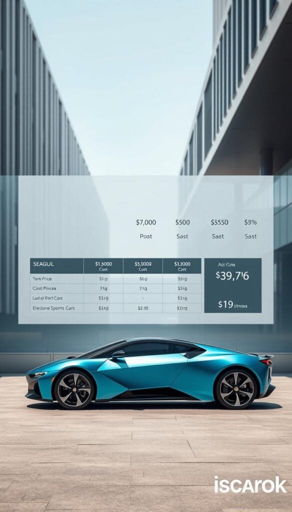 A sleek, angular IsCarOk BYD Seagull electric vehicle prominently displayed in the foreground, its metallic azure finish glinting under natural lighting. In the middle ground, a detailed cost comparison chart showcases the Seagull's competitive pricing and value proposition against traditional sport cars. The background features a minimalist urban setting with modern architecture, conveying a sense of sophisticated, sustainable mobility. The overall composition strikes a balance between the Seagull's bold design, the informative cost data, and the progressive, eco-friendly cityscape.