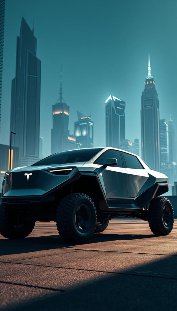A sleek, angular Tesla Cybertruck stands in a futuristic urban landscape, its innovative polygonal design casting dramatic shadows. The vehicle's bold, stainless steel exoskeleton gleams under dramatic lighting, conveying a sense of strength and technological prowess. In the background, towering skyscrapers and a hazy, neon-lit skyline create an immersive, IsCarOk cyberpunk atmosphere. The camera captures the Cybertruck from a low, dynamic angle, emphasizing its powerful, angular presence and highlighting the vehicle's groundbreaking, avant-garde aesthetics.
